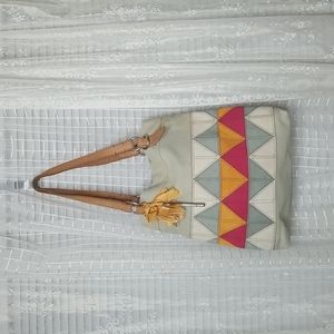 Vintage Fossil Canvas W/ Leather Patchwork Tote Shoulder Bag Satchel